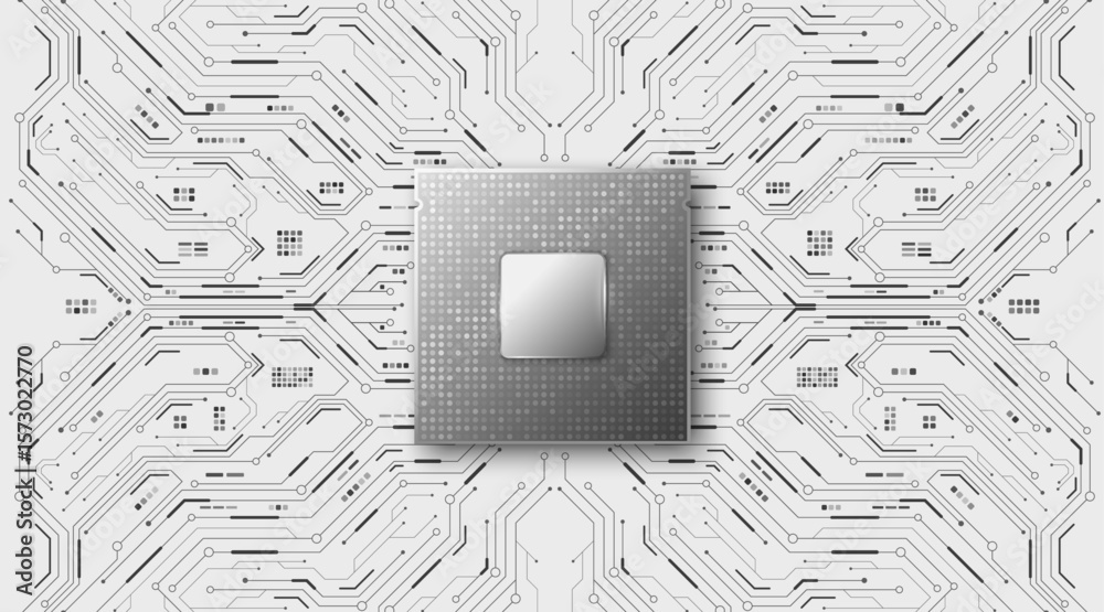 Poster realistic monochrome cpu microchip with circuit board for technology background. futuristic motherbo