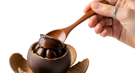 Woman's Hand Holds Wooden Spoon Scooping Food from Fruit Shell on Transparent Background