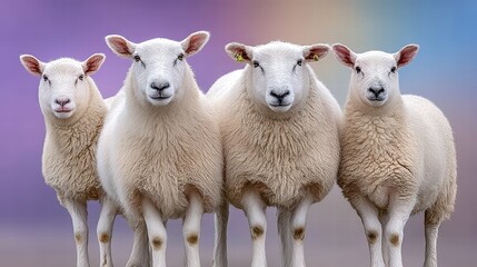 Fototapeta premium Trio of sheep standing in a perfect row on a green pasture under a bright sunny sky in a peaceful farm setting