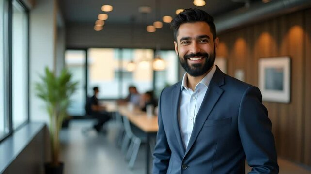 Flat Happy Smiling Bearded Indian Businessman: A Cute Vector Portrait of a Successful Small Business Owner and Sales Manager in a Professional Office Setting