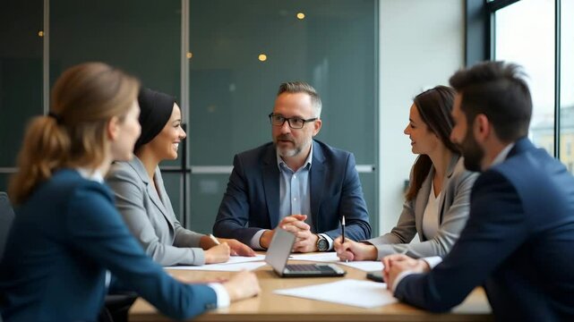 Flat Mature mentor manager speaks at executive team meeting in boardroom male leader training executive team at board briefing multicultural professional business people discussing strategy in office 