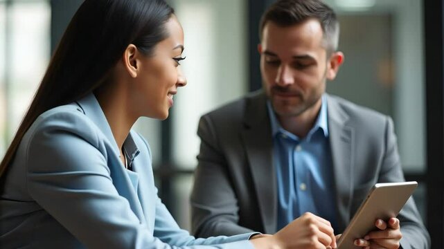 African American young woman job seeker talks to professional male HR manager checks digital CV on tablet during interview meeting process vertical concept as African American young woman job seeker t