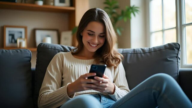 Flat Young Woman Relaxed on Couch Using Smartphone for Online Shopping and E-Learning: Cute Vector Illustration of Modern Digital Lifestyle