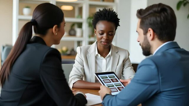 African American Young Woman Job Seeker Engages with Male HR Manager During Interview, Digital CV on Tablet, Vertical Composition with Empty Space
