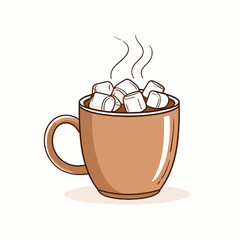 Cozy Brown Mug Overflowing with Hot Cocoa and Marshmallows with Steaming Illustration on a White Background