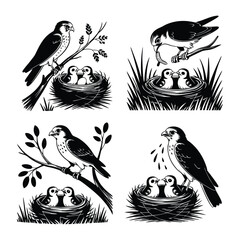 Vintage Mother Bird and Chicks, Classic Black and White Nature Illustration
