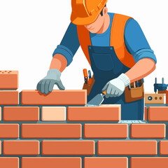 Craftsman Laying Bricks in an Orange Hard Hat and Blue Overalls Constructing Brickwork Wall