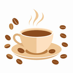 Cup of Coffee with Steam Surrounded by Coffee Beans Flat Vector Graphic Art Illustration on White Background