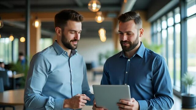 Business Team Collaboration: Two Happy Male Professionals Sharing Ideas in Corporate Office with Laptop - Empty Space for Text - Photo Stock Concept - 7:2 Aspect Ratio