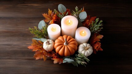 Cozy Autumn Centerpiece with Candles and Decorative Pumpkins