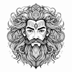 Detailed Black and White Line Art Portrait of Man with Ornate Hair and Beard Decorative Vintage Style Head Illustration