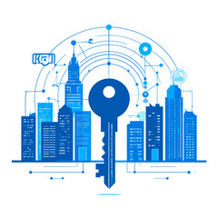 Abstract Blue Cityscape with Key Symbolizing Urban Technology Network and Modern Architecture on a White Background