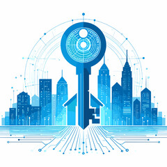 Abstract Blue Key Above Cityscape Representing Modern Real Estate and Urban Development with Home Security in Architectural Design