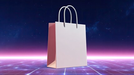 Empty shopping bag on glowing retro background with cosmic effect