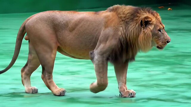 Majestic Lion Stride: Wildlife Portrait on Green