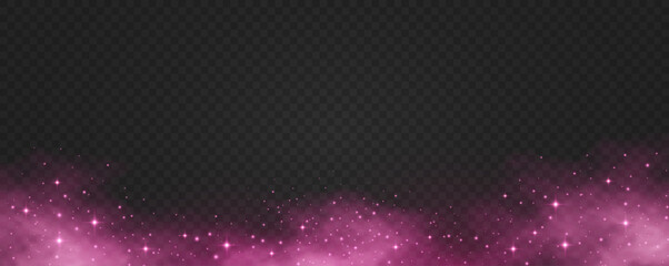 Abstract magical pink fog with glowing dust and sparkling stars on transparent background. Light effect of universe stardust. Glitter lights for holiday or romantic fantasy design. Vector illustration