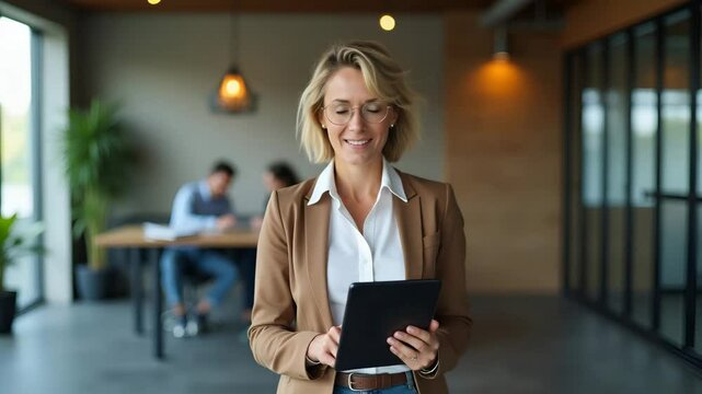 Title: "Empowered Gray-Haired Businesswoman: A Confident Leader in the Workplace | Vector Illustration"

Concept: A flat, cute vector illustration of a poised gray-haired entrepreneur holding a digita