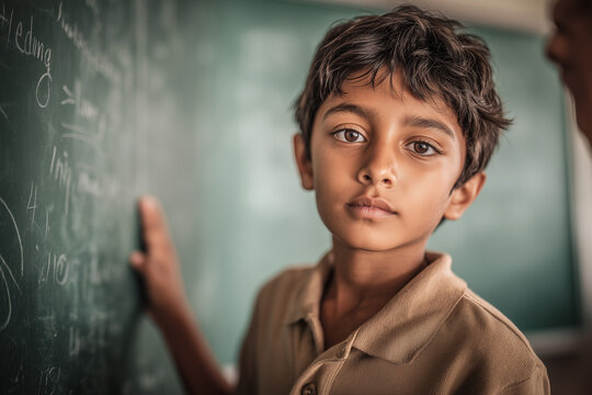 Serious portrait of Indian boy with blurred background
