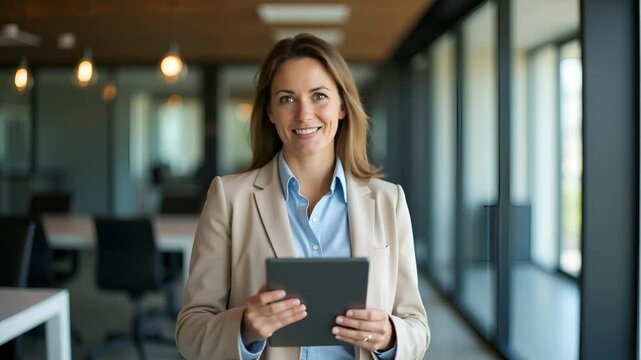 Empowered Gray-Haired Businesswoman: Confident Leadership in a Flat Vector Style - Midlife Entrepreneur with Digital Tablet, Radiating Authority and Style