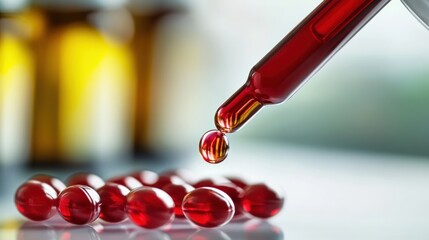 Red Liquid Dropping into Capsules: Pharmaceutical Research