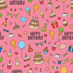 Seamless Happy Birthday Greetings With Food Drinks And Party Materials Pink Background