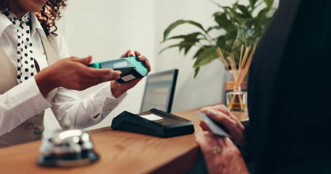 Hands, booking or customer with credit card for hotel reception, payment or accommodation. Client, concierge service or people at help desk with machine for guest, fintech transaction or check in