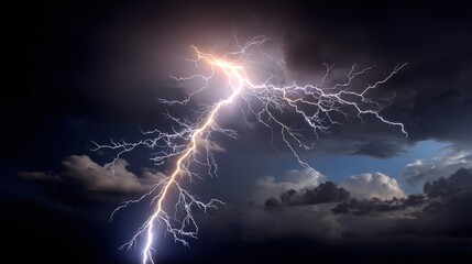 Dramatic lightning bolt illuminates a pitch-black sky creating a stunning display of nature's raw power and beauty