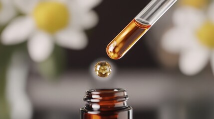 Essential Oil Dropper, Amber Bottle, Chamomile Flowers Background
