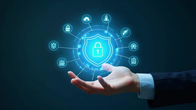 Flat Hand holding holographic Zero Trust security model interface surrounded by security icons emphasizing cybersecurity principles and secure network access in empty space concept as Hand holds holog