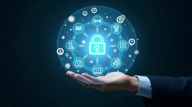 Flat Hand Holding Holographic Zero Trust Security Model Interface Surrounded by Security Icons Emphasizing Cybersecurity Principles and Secure Network Access in Empty Space - Simple Flat Cute Vector I