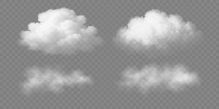 Realistic white fluffy clouds with fog or light smoke effect on a transparent background. Misty atmosphere element for overlaying on images, dramatic scenes or weather visual effects. Vector.