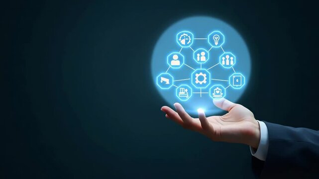 Flat Hand Engaging with Holographic Business Ethics Device: Icons of Integrity, Accountability, Teamwork, and Fair Practices in Corporate Environment - Vector Illustration