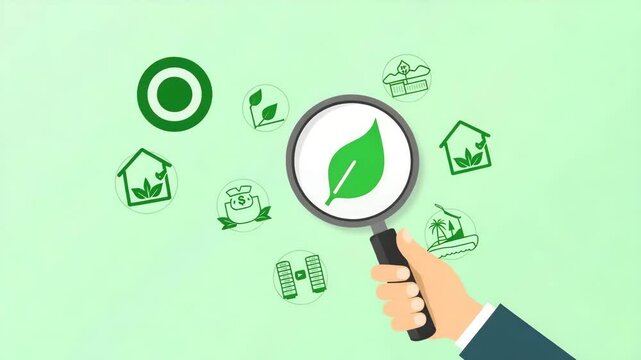 Flat Hand Holding Magnifying Glass on Leaf Target Surrounded by Green Energy Icons - Carbon Footprint & Environmental Sustainability Concept in Vector Illustration