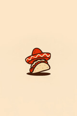Cute cartoon taco character wearing a red sombrero with minimalist design on light beige background
