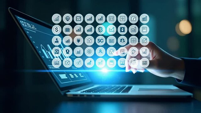 Flat Hand Engaging with Holographic Digital Marketing Strategy Interface: Analyzing SEO Metrics and Advertising Data on Laptop - Cute Vector Illustration for Smart Business Insights