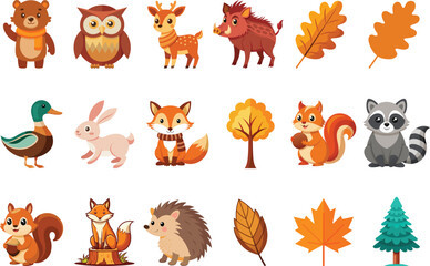 Obraz premium Adorable autumn animals and leaves a cute collection for fall