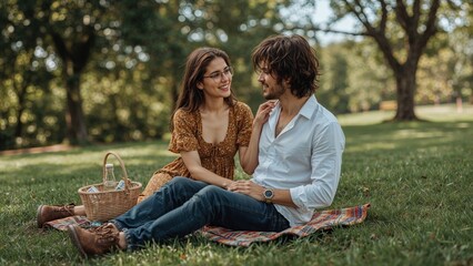 Happy young couple enjoying a romantic picnic on a blanket in a beautiful park.