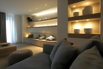 Modern minimalist living room interior design with recessed lighting and built in shelving