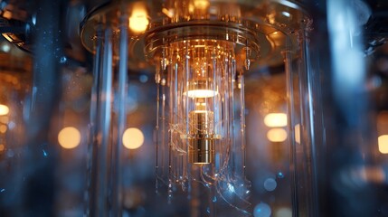 Obraz premium A photorealistic render of a quantum computer core, with glowing, suspended elements and intricate wiring in a cryogenic chamber, future of computing.