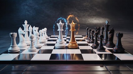 Magical Chess Duel On A Glowing Board With Blue And Orange Arcs Of Energy