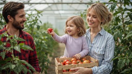 Happy mother and daughter picking fresh ripe tomatoes in a vibrant greenhouse or garden, enjoying the harvest.