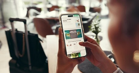Travel, website and phone screen with hands of person for holiday planning, blog and tourism. Vacation research, destination guide and newsletter with woman in airport lounge for accommodation review - Powered by Adobe