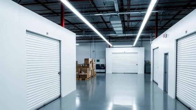 Spacious indoor storage facility featuring multiple metal roll up doors. Bright fluorescent lighting and polished concrete floors enhance the clean, organized environment