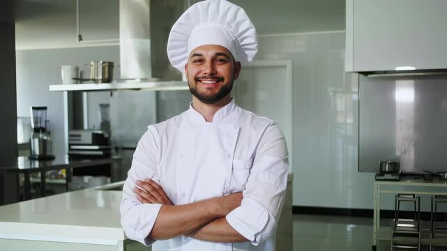 Professional chef in crisp white uniform and toque, confidently standing with crossed arms near stainless steel kitchen equipment, radiating culinary expertise