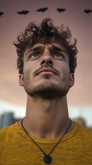 Obraz premium Young man looking up at the sky contemplatively.