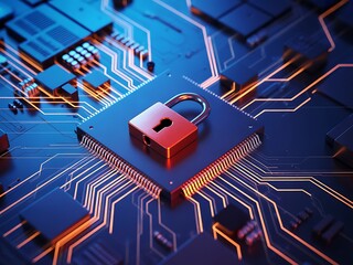 Secure digital circuit board with red padlock and glowing orange lines technology computer chip