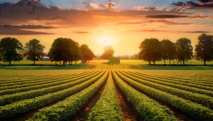 Fototapeta premium golden field with rows of crops, glowing in the light of the setting sun, creating a peaceful and abundant agricultural scene, with plenty of copy space for text rural