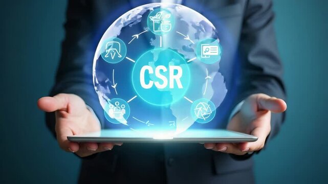 Flat Person Illustrating CSR Icons on Digital Interface: Corporate Social Responsibility, Sustainability, Ethics, Community, Environmental Concerns in Business - Cute Vector Art