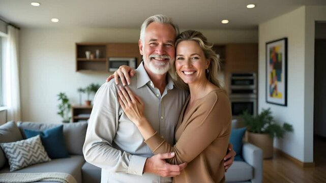 Happy Mature Family Couple in Modern Home: A Cute Vector Illustration of Affectionate Real Estate Owners Embracing in Their Stylish Living Room - Full Body, Isolated on White Background