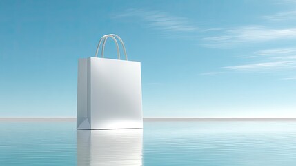 White Shopping Bag on Calm Water Against a Clear Blue Sky